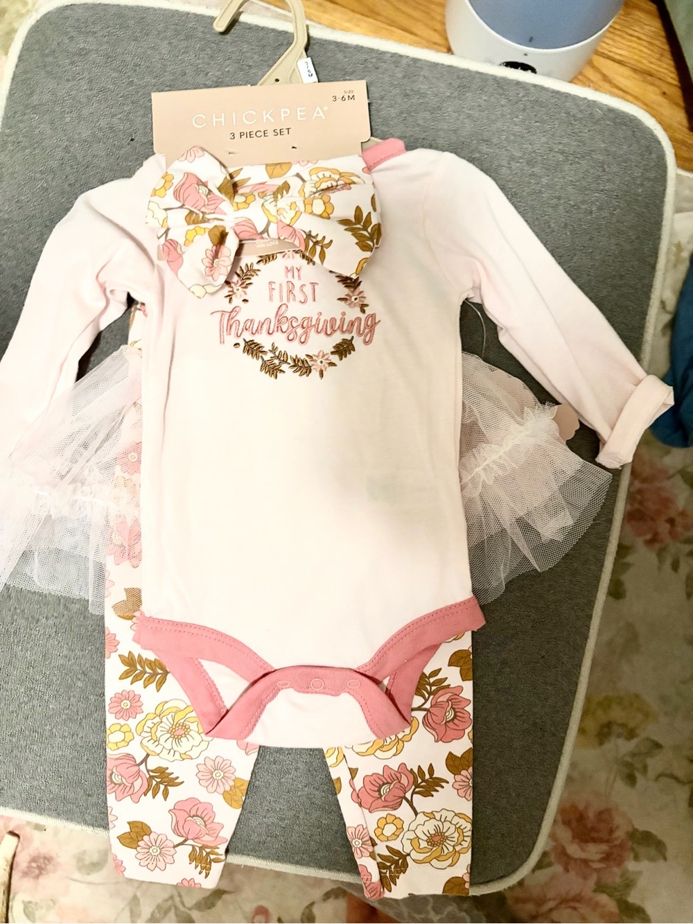 chick pea Pink Floral 'My First Thanksgiving' 3-Piece Baby Outfit